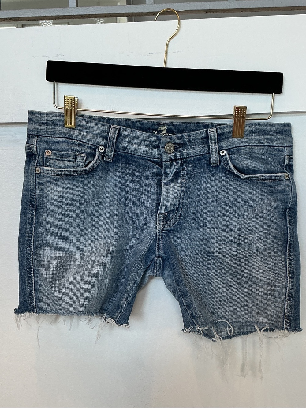 7 For All Mankind Light Blue Frayed Hem Denim Shorts
